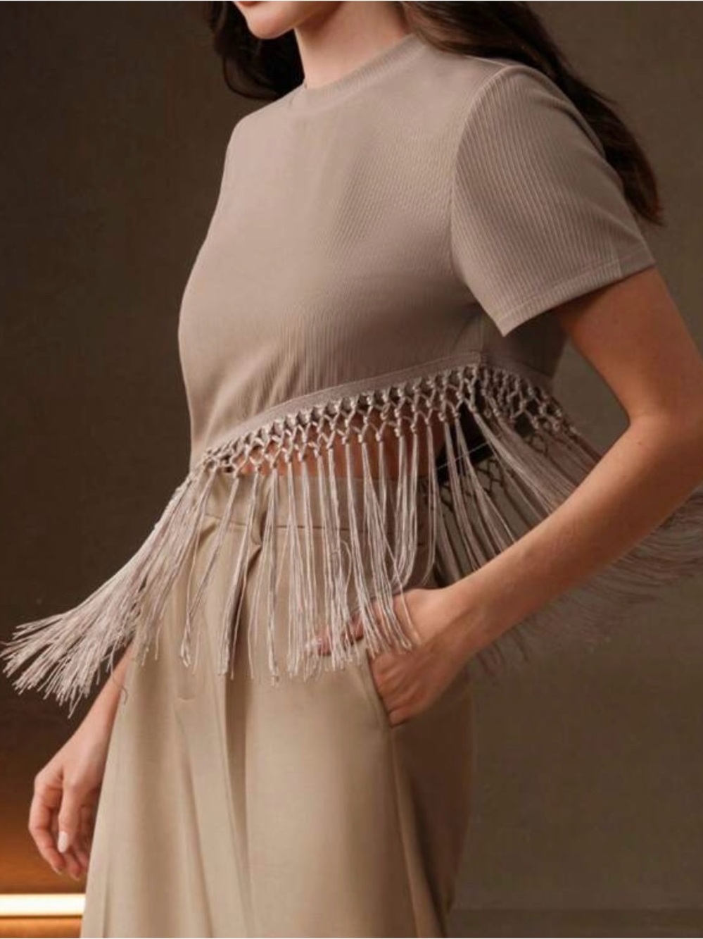 Source Unknown Taupe Ribbed Fringe Cropped Tee